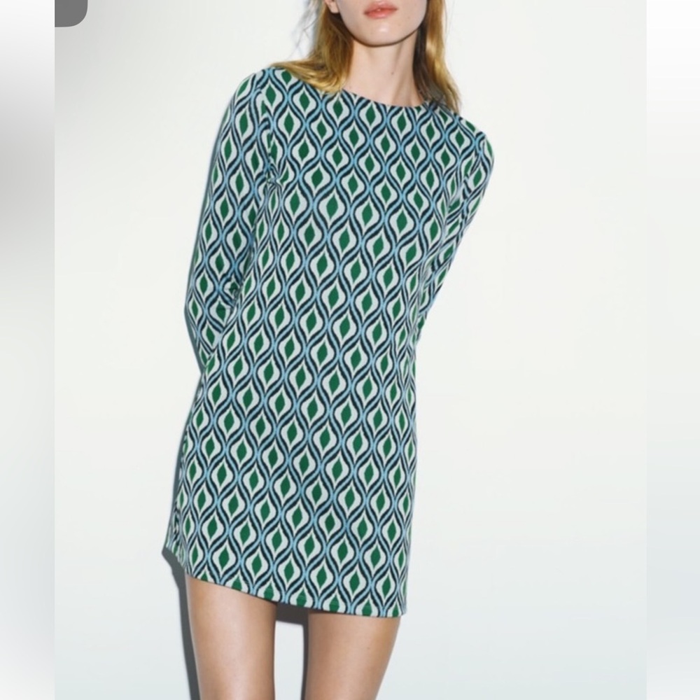 Zara Geometric Green and Blue Long Sleeve Dress
